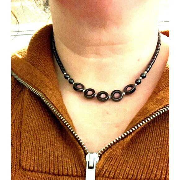 Hematite Pink Cat’s Eye Beaded Necklace 19” Swivel Beads Pre Owned Metal Glass - Picture 6 of 7